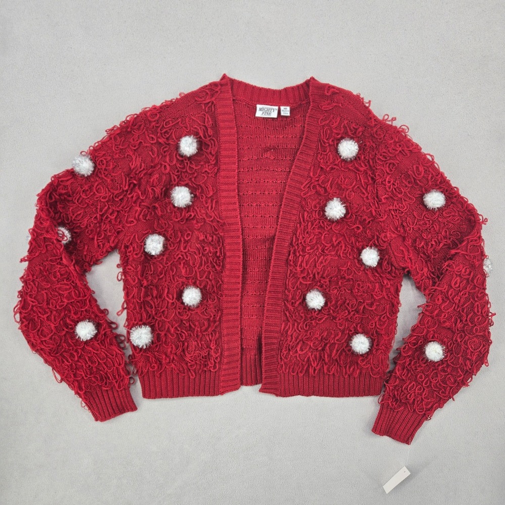 Mighty Fine Womens New MEDIUM Red Loop Knit Pom Pom Cardigan Holiday Sweater